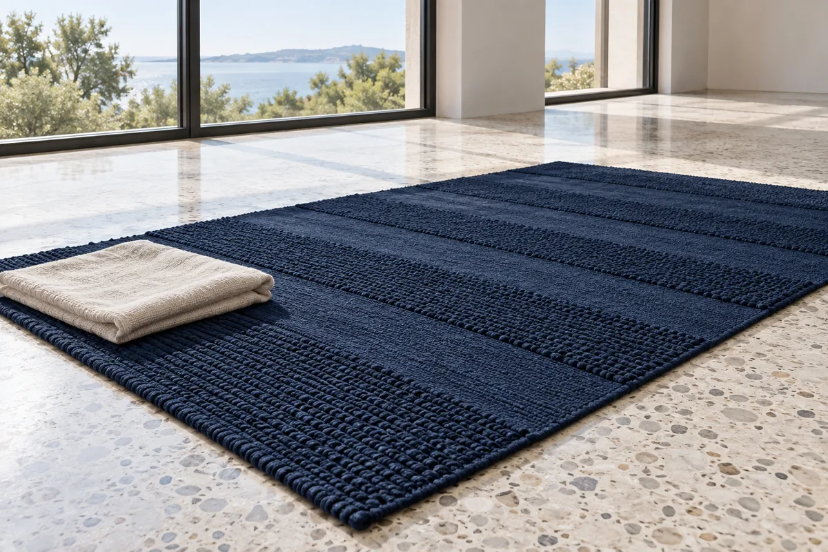 Tapis en coton tissé bleu nuit à bandes horizontales déroulé sur un sol en terrazzo clair, serviette de lin écru pliée à une extrémité