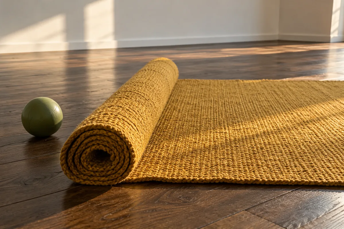 Tapis en coton tissé moutarde à moitié déroulé sur un parquet de chêne foncé, à côté d’un petit ballon souple vert olive