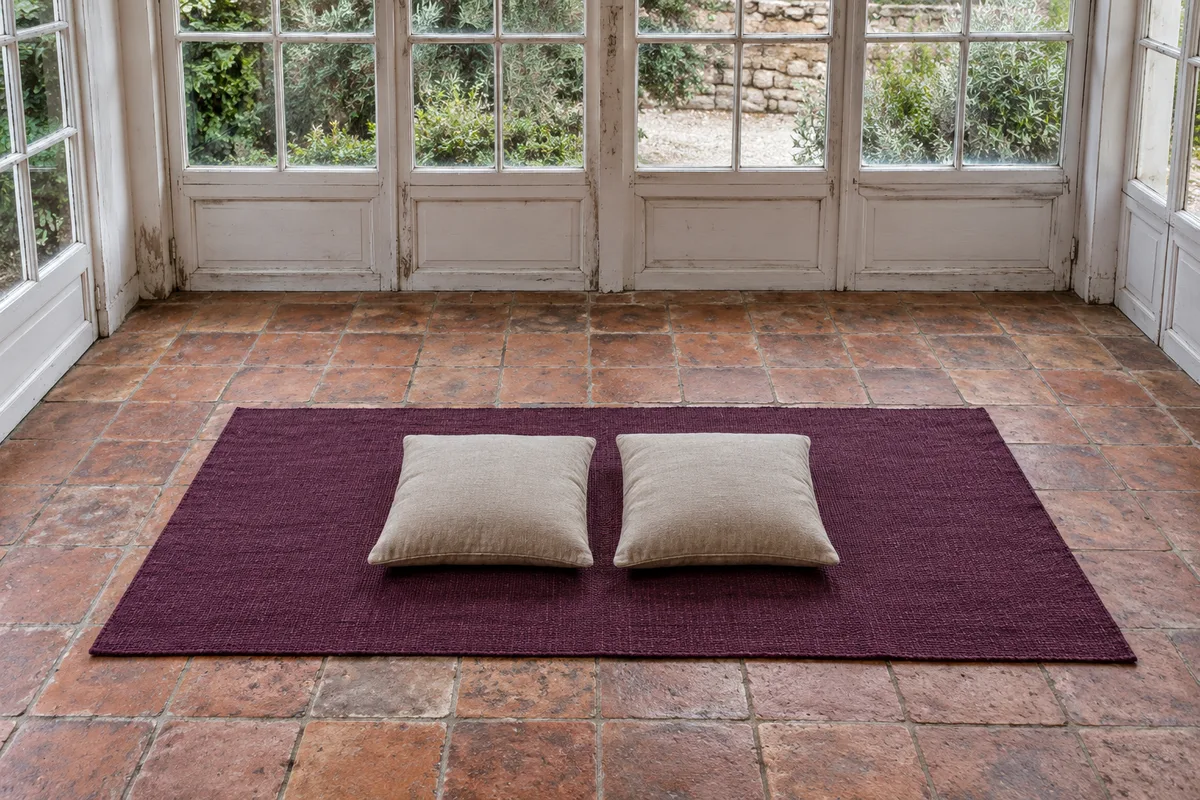 Tapis en coton tissé prune déroulé sur des tomettes anciennes dans une véranda, deux coussins carrés en lin posés au centre