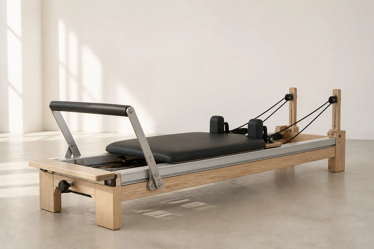 Reformer pilates vide dans un studio lumineux, chariot au repos sur ses rails