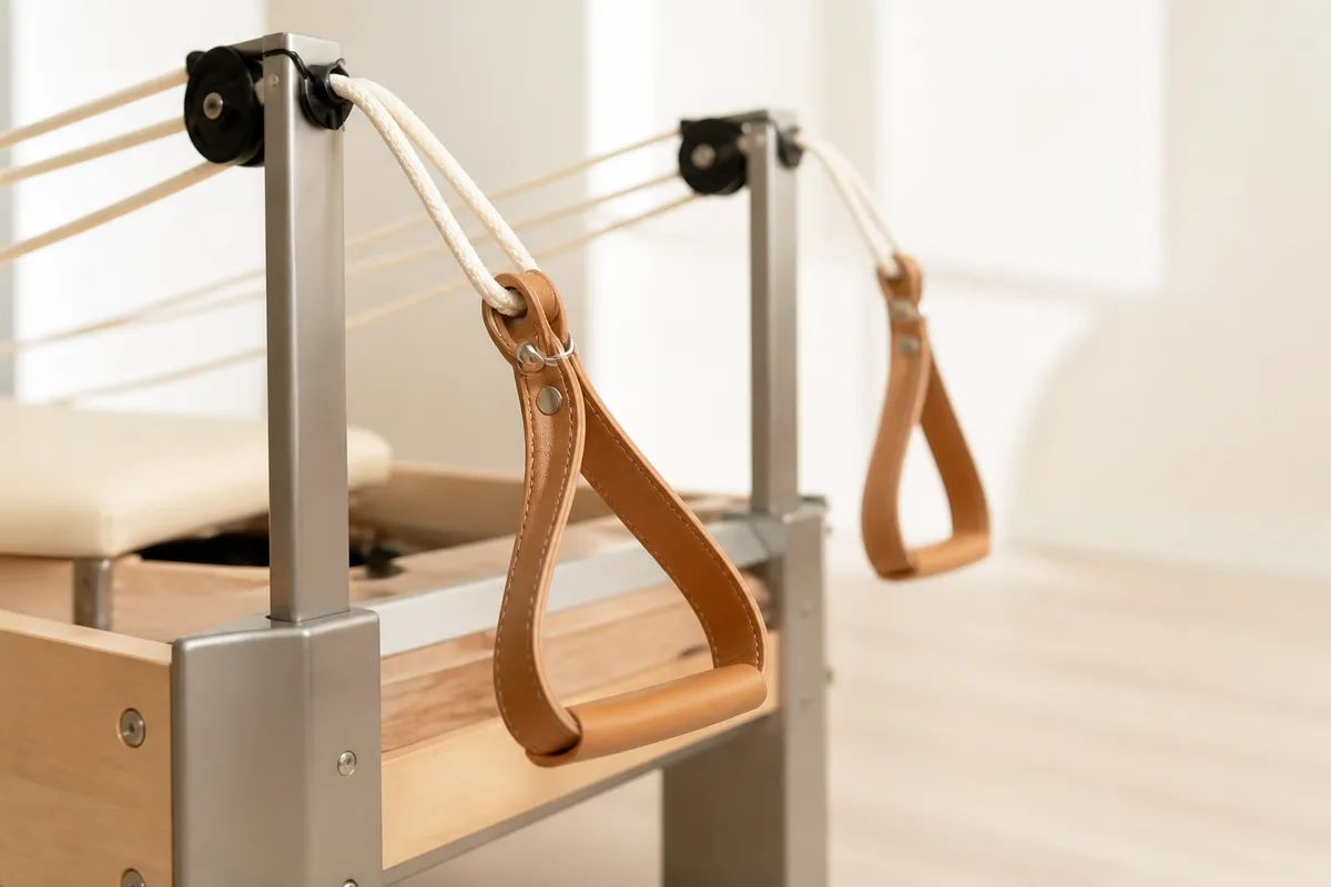 Sangles et poulies d&rsquo;un reformer pilates au repos, sol clair et lumière du jour