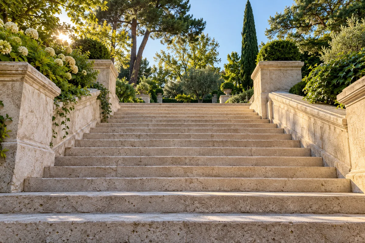 Escalier extérieur en pierre claire qui se prête aux montées de marches du coureur