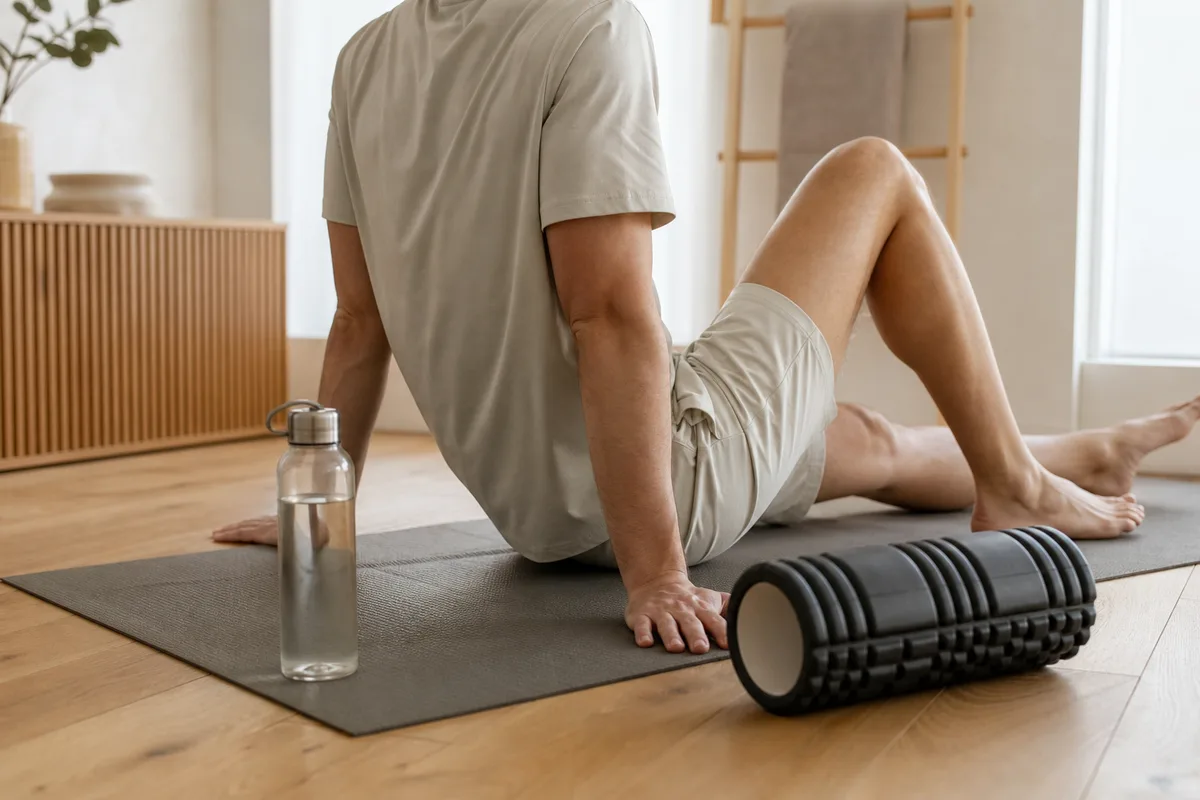 Personne assise sur un tapis, un rouleau de massage posé au sol à côté d’une bouteille d’eau