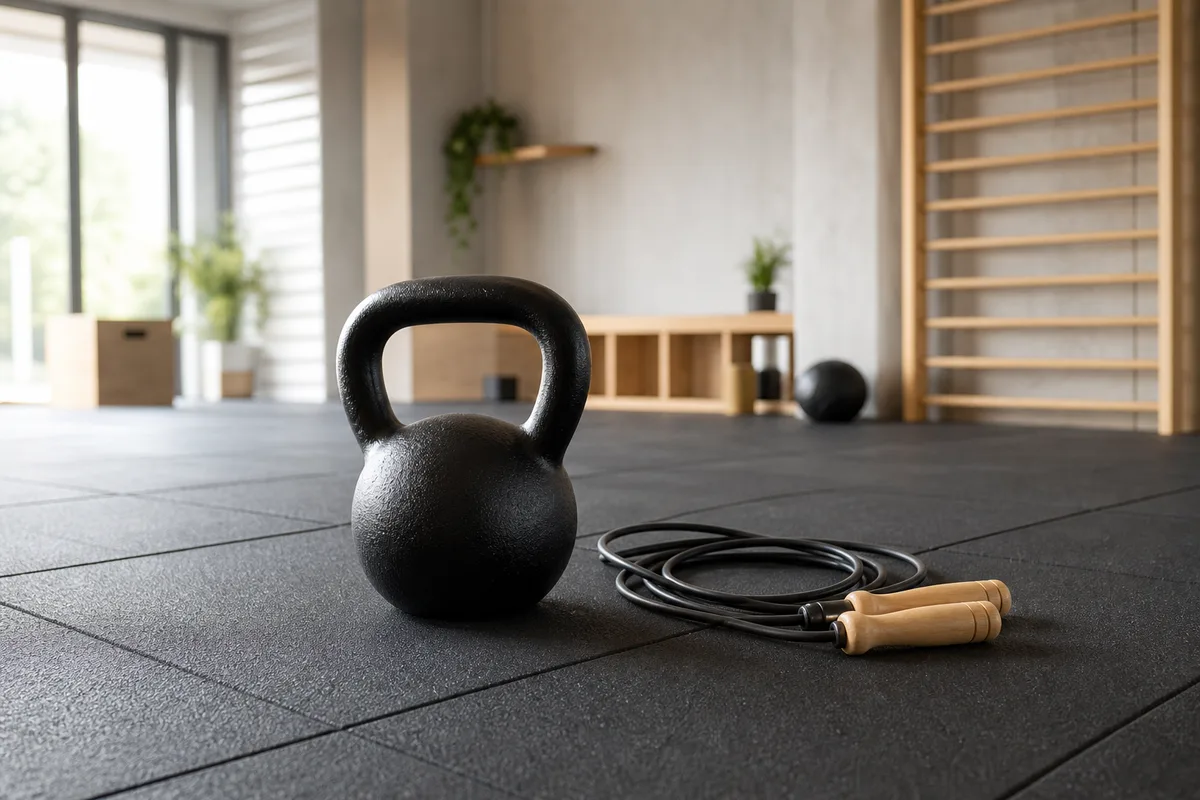 Kettlebell et corde à sauter posés au sol dans une salle d’entraînement avec sol en caoutchouc