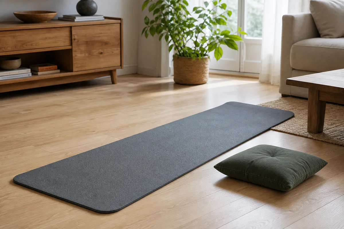 Tapis de sol déroulé dans un salon avec un coussin ferme posé à côté