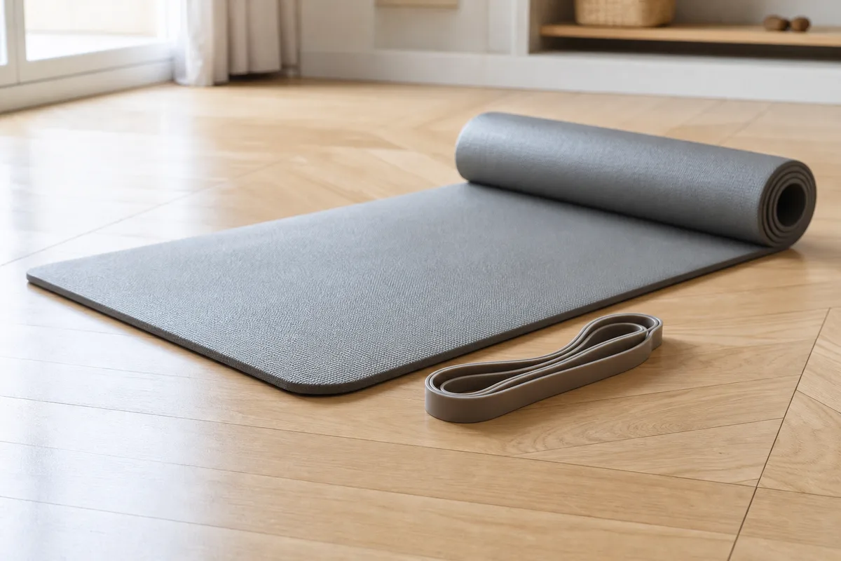 Bande élastique enroulée à côté d’un tapis de sol déroulé sur un parquet clair